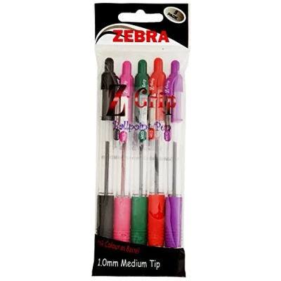 Image of Zebra Pen Z Grip Retractable Ballpoint Pen, Medium Point, 1.0mm, Black, Red, Green, Pink and Violet Ink, 5 Pack
