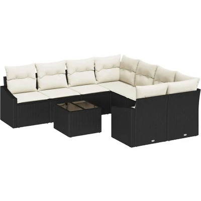 Image of vidaXL 9 Piece Garden Dining Set with Cushions Black Poly Rattan