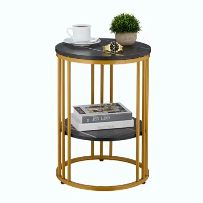 Image of Side Table, Marble Effect, 2 Tiers, HxD: 56 x 40 cm, Living Room, Coffee Rest for Sofa, Decor, Black/Gold Relaxdays