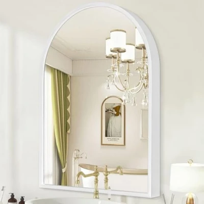 Image of HLFMVWE Arch Wall Mirror Bathroom White Metal Framed Mirror, Arched Mounted Vanity for Bedroom, Entryway, Living Room 65 x 45cm