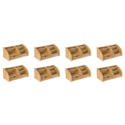Image of OSCO Bamboo Desk Organiser 8 Pack 6 Compartments 1 Drawer Office Tidy Stationery Storage Pen Holder Makeup sorter Cosmetics Display H17.7 x W27 D14 cm