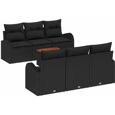 Image of vidaXL 7 Piece Garden Sofa Set with Cushions Black Poly Rattan Acacia