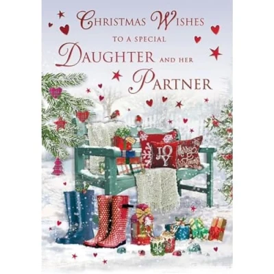 Image of Regal Publishing Traditional Christmas Card, Couple Daughter &amp; Partner, Bench 8 x 6 inches Piccadilly Greetings