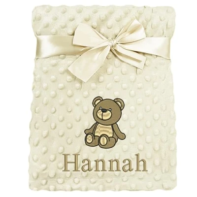 Image of JJLC Personalised Baby Bobble Blanket Embroidered Bear &amp; Name Soft Fleece Wrap (Beige Bobble)