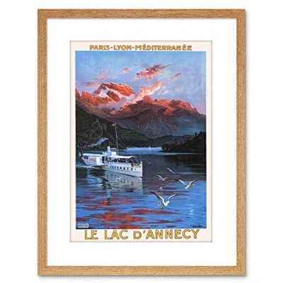 Image of Wee Blue Coo TRAVEL MOUNTAIN LAKE D&#039;ANNECY FRANCE VINTAGE ADVERTISING FRAMED PRINT F97X7102