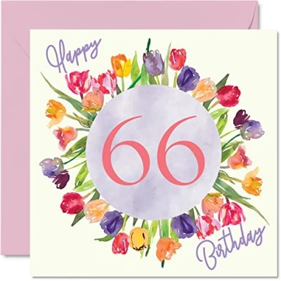 Image of Beautiful 66th Birthday Cards for Women Watercolour Tulips Flowers Bouquet Happy Card Her Grandma Nanny Gran Mum Gifts, 145mm x Lovely Floral Greeting Gift