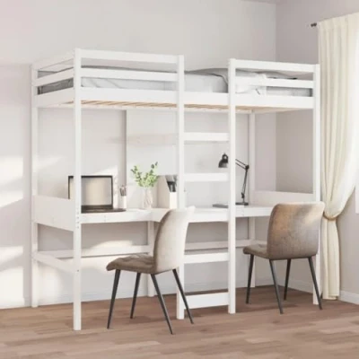 Image of vidaXL Loft Bed Frame with Desks &amp; Shelves White Pine Wood 75x190cm Ideal for Small Bedrooms Dorms Space Saving Design