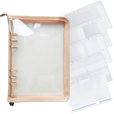 Image of DY.2ten A5 Binder 6 Ring Cover with Zipper, Hole Clear Soft PVC Refillable Notebook Shell, Zipper Pockets, Loose Leaf for Cash Budget System, Journaling, Planner, Photo Album
