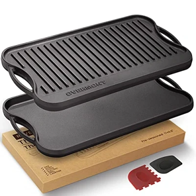 Image of OVERMONT Pre Seasoned Cast Iron Reversible Griddle Grill Pan with Handles for Gas Stovetop Open Fire Oven, 43.18 * 24.89CM (17x9.8) One Tray, Scrapers Included