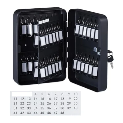 Image of Relaxdays Lockable Key Box, Wall Mounted Cabinet, 48 hooks, with Rings, HxWxD: 25 x 18 8 cm, Secure Safe, Black, Iron