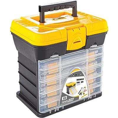 Image of 4 Draw Organiser and Tool Box perfect for storing small items like washers, screws, nails, bolts etc. Pull out drawers with fold up front to keep them in place,strong carry handle.