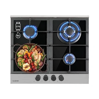 Image of Klarstein Gas Cooker, 4 Burners Hob, 8.0 kW Built In Four Ring Electric Campervan Cooktops Cookers, Stainless Steel Glass Top Wok Burner, Kitchen Stoves Cooker Units