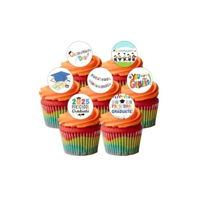 Image of 24 Precut Preschool Graduation 2024 Themed Edible Wafer Paper Cake Toppers Decorations