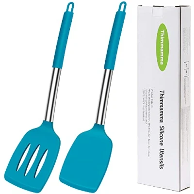 Image of Silicone Spatula Turner, Heat Resistant Slotted Solid Turner for Cooking, 2 Pack BPA Free Large Black Kitchen Utensils Baking Non Stick Cookware, Dishwasher Safe, Blue