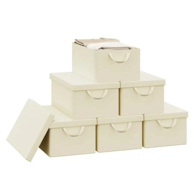 Image of WOLTU Storage Boxes Set of 6, Baskets, Cubes with Handles and Lid, Fabric Folding Baskets for Shelves in Bedroom, Study, Children&#039;s Room, Metal Frame, Cream, 48x20x29 cm