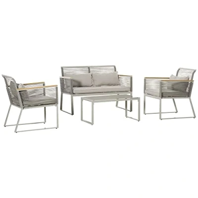 Image of Outsunny 4 Pieces Patio Wicker Sofa Set, Outdoor Metal Frame Wrapped Round PE Rattan Conservatory Furniture, w/Cushions, Pillows &amp; Tempered Glass Table for Backyard, Garden, Grey