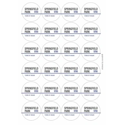 Image of Springfield Park WN6 Wigan Road Sign Circular Matt Paper Stickers A4 Sheet of 24 (Each Sticker is 45mm Diameter)