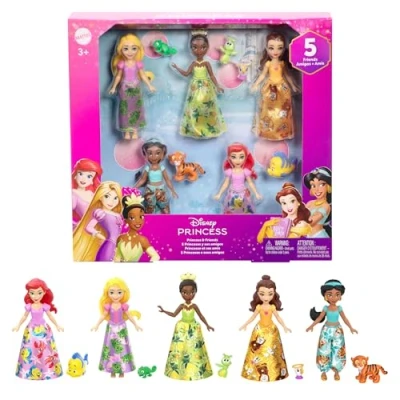Image of Mattel Disney Princess &amp; Friends Set with 5 Posable Small Dolls in Removable Skirts or Pants Friend Figures, Inspired by the Movies, JBL33
