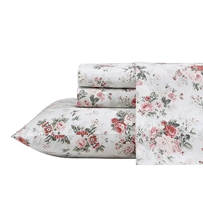 Image of Laura Ashley Queen Sheets, Cotton Percale Bedding Set, Crisp &amp; Cool Home Decor (Ashfield Pink, Queen)