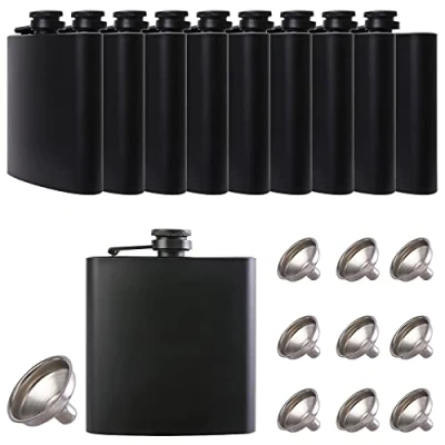 Image of 10 pcs Hip Flask for Liquor Black 6oz Stainless Steel Leakproof with Funnel Gift, Camping, Wedding Party, Groomsmen Gifts