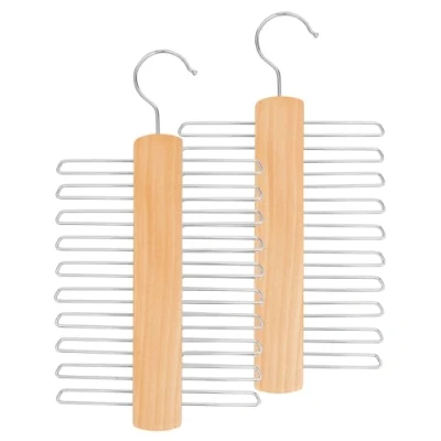 Image of Tie Hanger for Wardrobe Pack of 2 Wooden Organiser Men with 20 Non Slip Chrome Bars Stylish Rack Holder 360 Swivel Hook Sophisticated Storage Natural