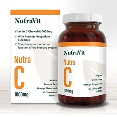 Image of Nutra C Chewable Vitamin Tablets 1000mg, 30 Orange VIT Tablets. High Strength Ascorbic Acid C, Immune System Booster. Rosehip, Hesperidin &amp; Acerola. Vegan Friendly NutraVit