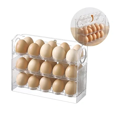 Image of HGUIM 3 Layer Clear Egg Storage Container Flipped Tray 30 Grid Holder Plastic Box Refrigerator Space Saver Fridge Organizer, White, 26x10x20cm/10x4x8inch
