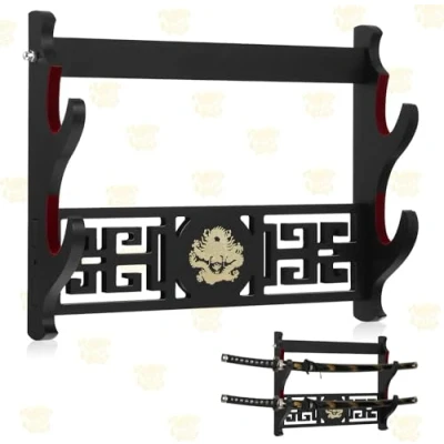 Image of Z fiber Sword Wall Mount Holder Display Stand Padded Katana Wakizashi Genji and Samurai Swords Dragon Pattern,2 Tier