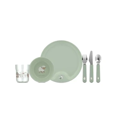 Image of Mepal Children’s dinnerware 6 Piece Set Mio Child Friendly Tableware Includes Cutlery, Glass, Plate &amp; Bowl Dishwasher Safe BPA Free of Little Farm