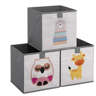 Image of Navaris Kids Storage Cubes (Set of 3) Boxes 28x28x28 cm Children&#039;s Organiser Cube Box Set for Toys, Bedroom Animal Designs, Grey
