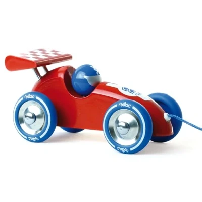 Image of Vilac Wooden Pull Along Racing Car, Toy with String, Made In France, Vintage Design, Comes Box Great for Gifting, 16 x 9 cm, Suitable 18 Months+, Red and Blue