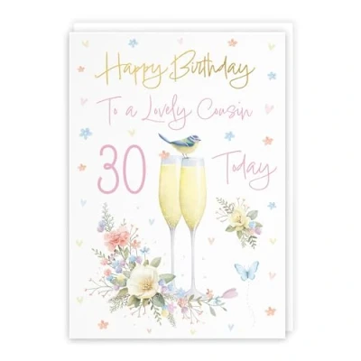 Image of Hunts England 30th Female Cousin Champagne Flutes Birthday Card Luxury Gold Foil Milo&#039;s Gallery Age 30 Pretty Flowers, Butterflies For A5 Size