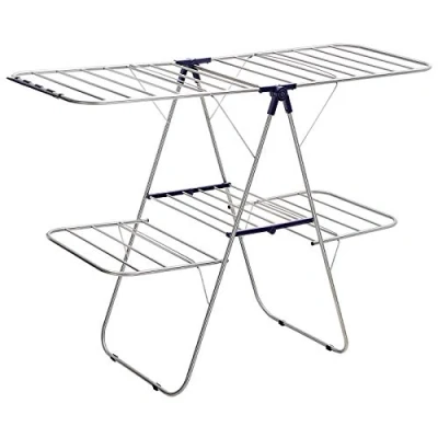 Image of SONGMICS 2 Level Clothes Airer, Stainless Steel Drying Rack, Laundry Rack with Height Adjustable Wings, Free Standing, for Socks, Bed Linen, Clothing, Foldable, Stable, Blue LLR53BU, 156 x 61 113 cm