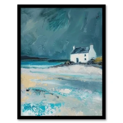 Image of Artery8 White Scottish Cottage Coastal Hills Oil Painting Living Room Artwork Framed Wall Art Print 18X24 Inch
