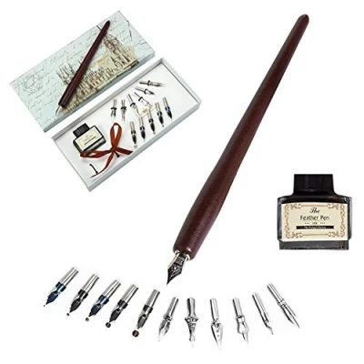 Image of OPENDGO Calligraphy Pens Set Wooden Dip Pen Handcrafted with 11 Nibs &amp; Black Ink