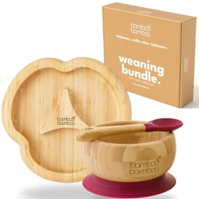 Image of Bamboo Baby Plate &amp; Bowl Weaning Set, Suction and for Feeding Weaning, Divider Plate, Toddler Spoon, Plates Babies from 6 Months (Cherry)