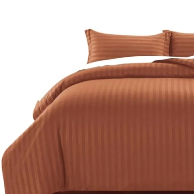 Image of MOONLIGHT20015 Double Duvet Cover Set Hotel Quality Stripes Satin Bedding Bed with 2 Pillowcases, Reversible Hypoallergenic Soft Breathable Covers (Rust, Double)