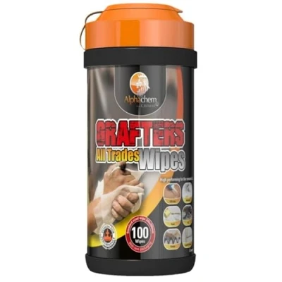 Image of CROMAR AlphaChem Grafters All Trades Wipes Pack of 100 Heavy Duty Cleaning with Aloe Vera Moisturiser Professional Hand Builders for Hands Surfaces &amp; Tools