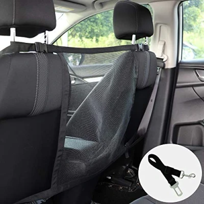 Image of DaizySight Car Dog Net Barrier, Through Vehicle Small Mesh Barrier to Keep Dogs and Pet Hair Out of Front Seat, with Adjustable Seat Belt