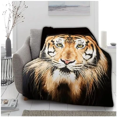 Image of VELVETIO Luxurious 3D Tiger Face Brown Fleece Throw, Ultra Soft Animal Print Sofa Bed Blankets, Extra Large Cuddly &amp; Fluffy Blanket For Settee, 150 x 200cm