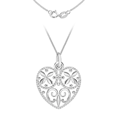 Image of Tuscany Silver Women&#039;s Sterling Filigree Heart Pendant on Adjustable Curb Chain Necklace 41cm/16&quot; 46cm/18&quot;