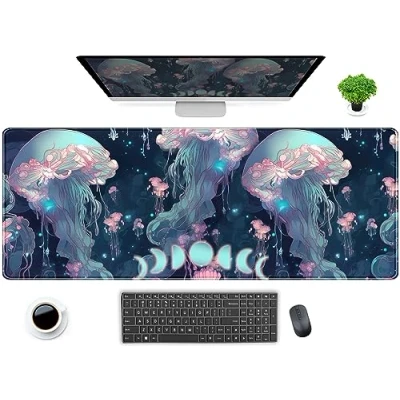 Image of Anime Jellyfish Desk Mat Neon Blue XL Large Extended Gaming Mouse Pad Cute Ocean Moon Mats Computer Laptop Keyboard 31.5x11.8 in, Desktop Protector for Women with Stitched Edges