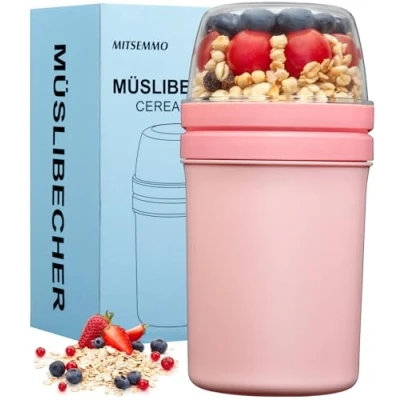 Image of Mitsemmo Cereal Cup On The Go,600ml+270ml Breakfast Pots to Go,Yogurt and Granola Pot,Muesli Travel Bowl Milk Container for Work,Overnight Oats Jar with Lid &amp; Spoon(Pink)