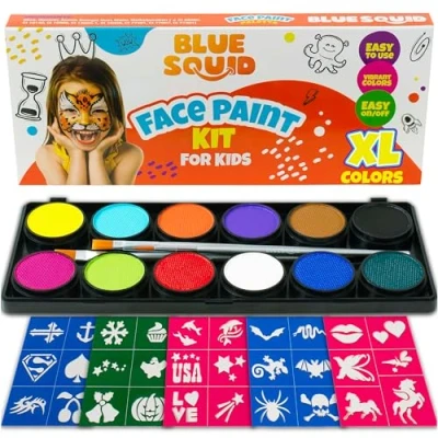 Image of Blue Squid Face Painting Kit for Kids Complete Paint Palette, Stencils, 12 Colours Safe Sensitive Skin, Non Toxic Professional Party &amp; Halloween Makeup