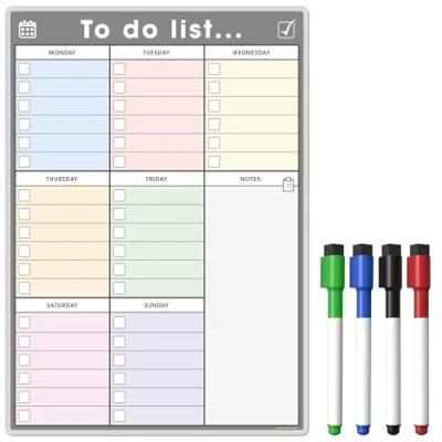 Image of The Magnet Shop A3Magnetic To Do List and Weekly Planner Organise Your Chores, Housework, Office Business Tasks With Our Dry Wipe Boards! 4 Magnetic Erase Pens (Colour/Grey, A3)