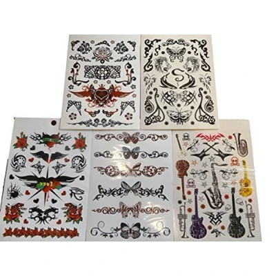 Image of Fat catz copy One Book of 5 Sheets 50+ Mens Boys Ladies Black Celtic Tribal Musical instruments butterflies roses Temporary Tattoos for parties, gifts