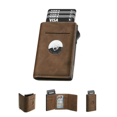 Image of YESIIW Mens Wallets with RFID Blocking and Coin Pocket, Pop Up Card Holder Vintage AirTag Wallet for Apple Air tag, Smart Money Clip, Holders Brown