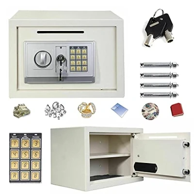 Image of 16L Digital Steel Cabinets Safes Safety Box Electronic Security Large Capacity with Full digit Keypad/2 Override Key/2 Installing Bolts Wall (25x35x25cm) for Home Office Money Cash Valuables White