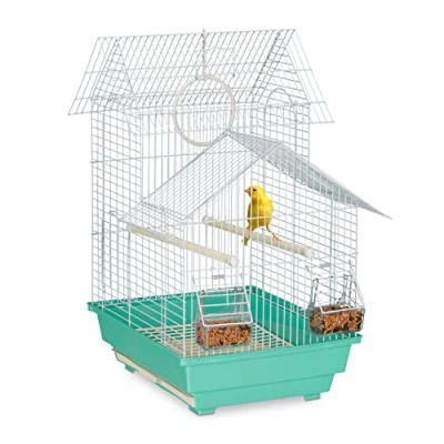 Image of Relaxdays Bird Cage, Birdcage for Small Birds, Perches &amp; Feeders, Metal, 50 x 42.5 33.5 cm, Green