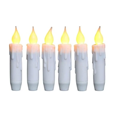Image of CVHOMEDECO. Flickering Taper Candles LED Drip Flameless Candles, Battery Operated with Timer, White, 4.75 Inch, Set of 6